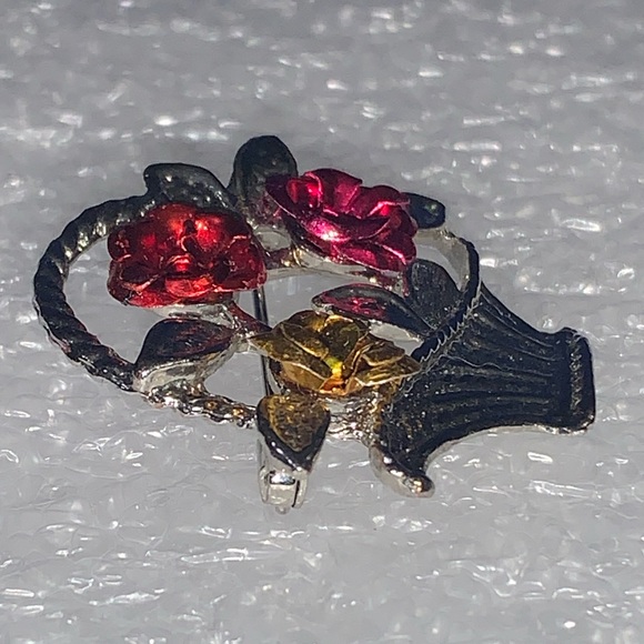 Red, Pink, & Gold Roses in Silver Tone Basket Brooch/Pin - Picture 14 of 16
